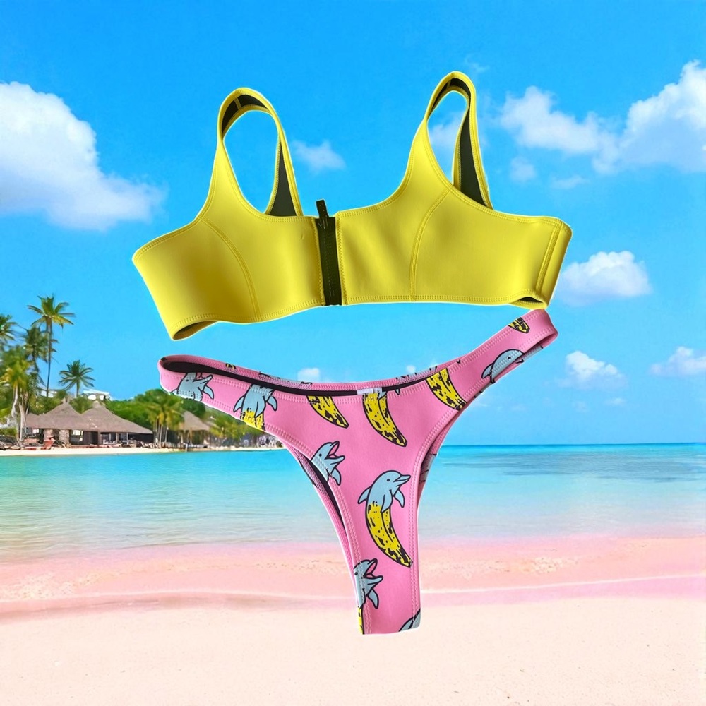 Yellow and Pink Dolphin Print Bikini Set Hoaka pony Néoprène swimwere swimsuit